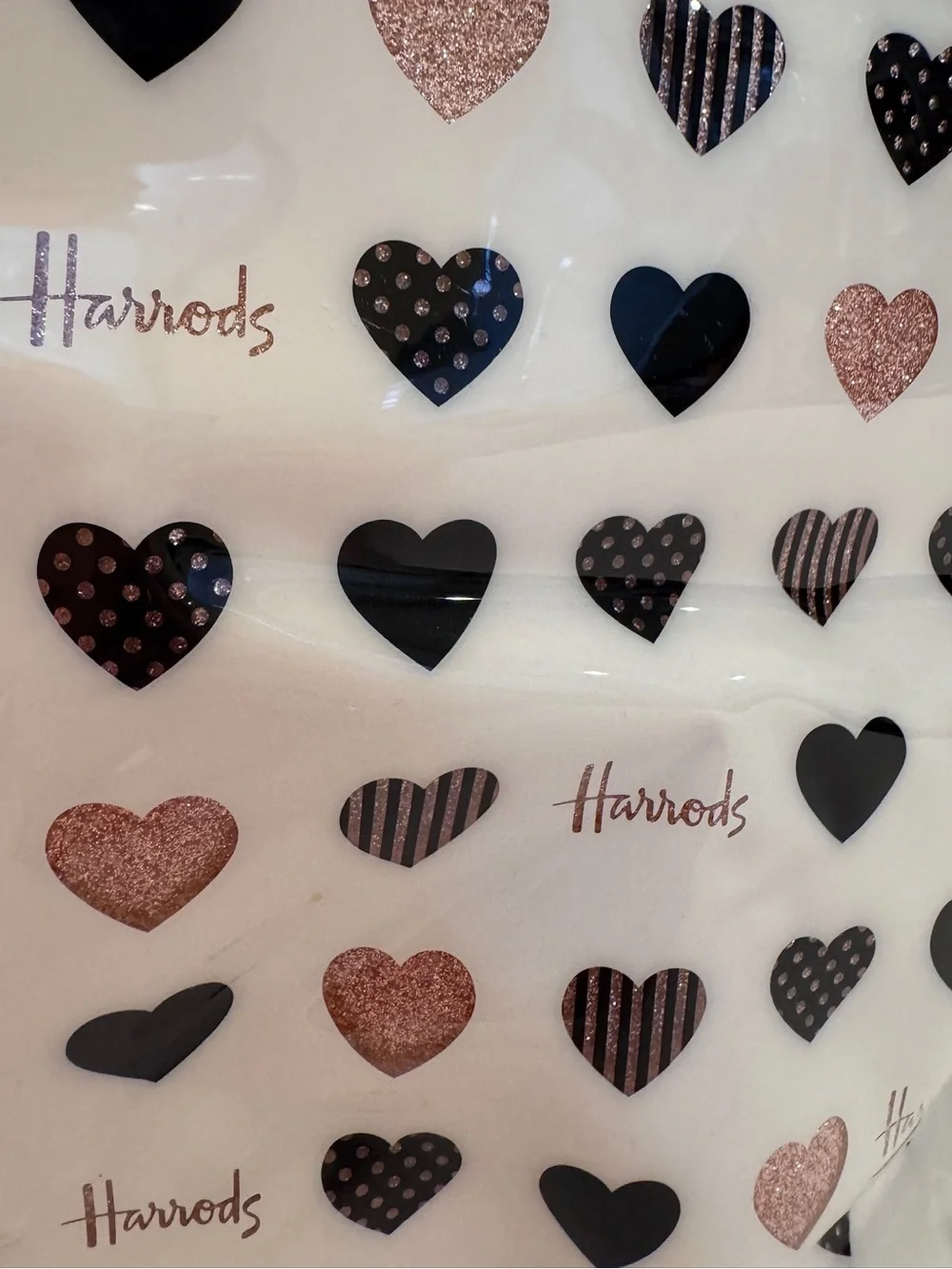 HARROD'S LONDON Signature Vinyl Coated Tote Bag Glitter Hearts Snap Closure